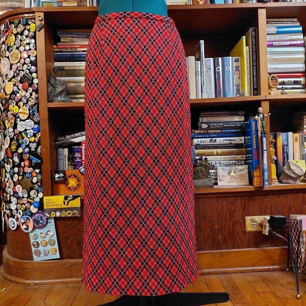 Vintage homemade red and black plaid maxi skirt.